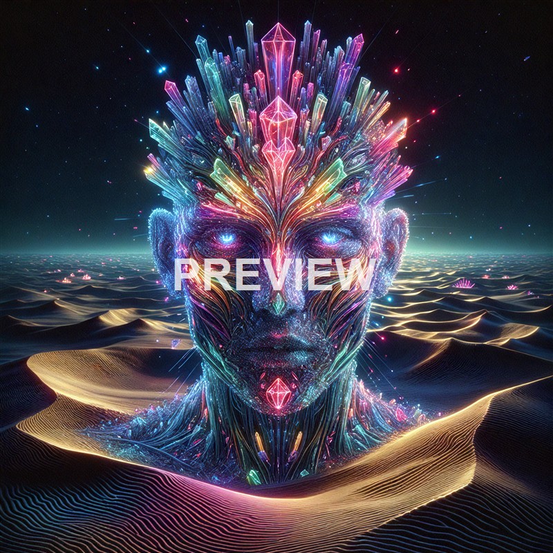 A surreal, neon-lit digital artwork depicting a human face with intricate, glowing patterns and crystals emerging from the head, set against a starry background with sand dunes.